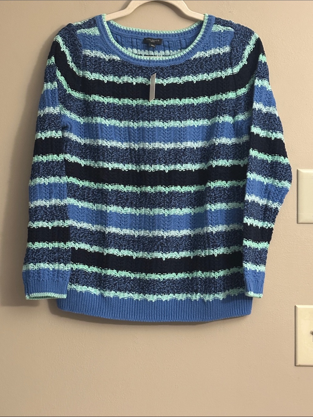 Talbots Navy, Blue & Mint Striped Textured Crew Sweater
